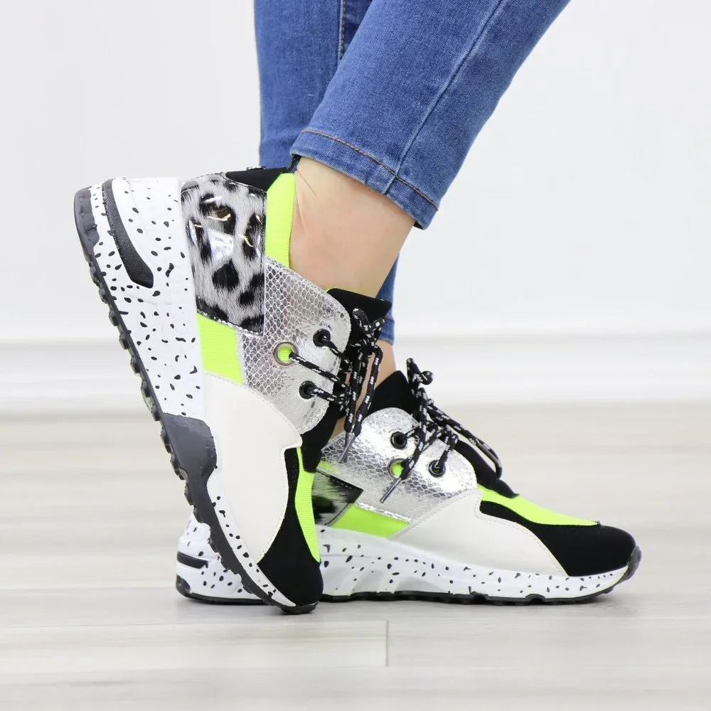 White Neon Animal Print Fashion Comfort Wedge Heel Sneakers Shoes - Picture 7 of 11